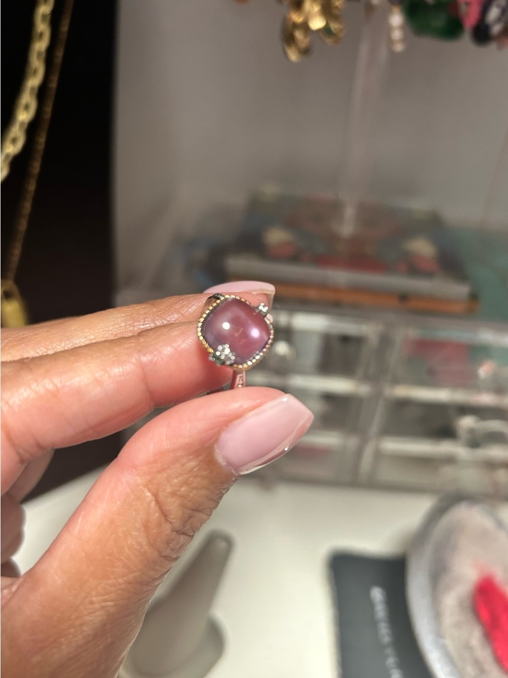 Andrea Candela Pink Cabochon Ring with Gold Bezel